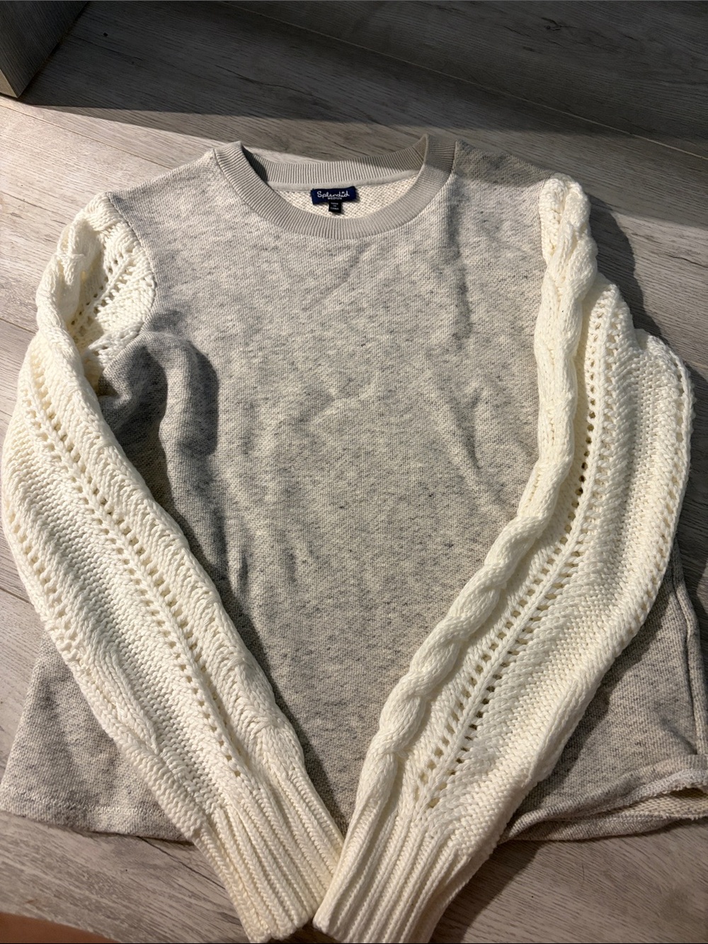 Splendid Heather Gray Body with Cream Cable-Knit Sleeve Crew